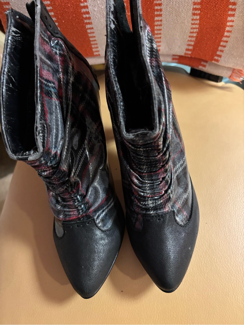 Pointed Toe Black and Red Plaid Women's Ankle Boots